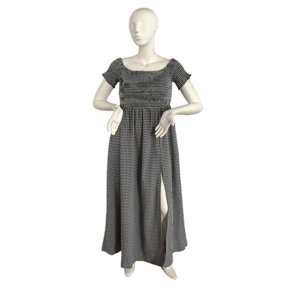 Lulu’s Gingham Maxi Drop Shoulder Dress Side Slit Black White  XL - Picture 2 of 10